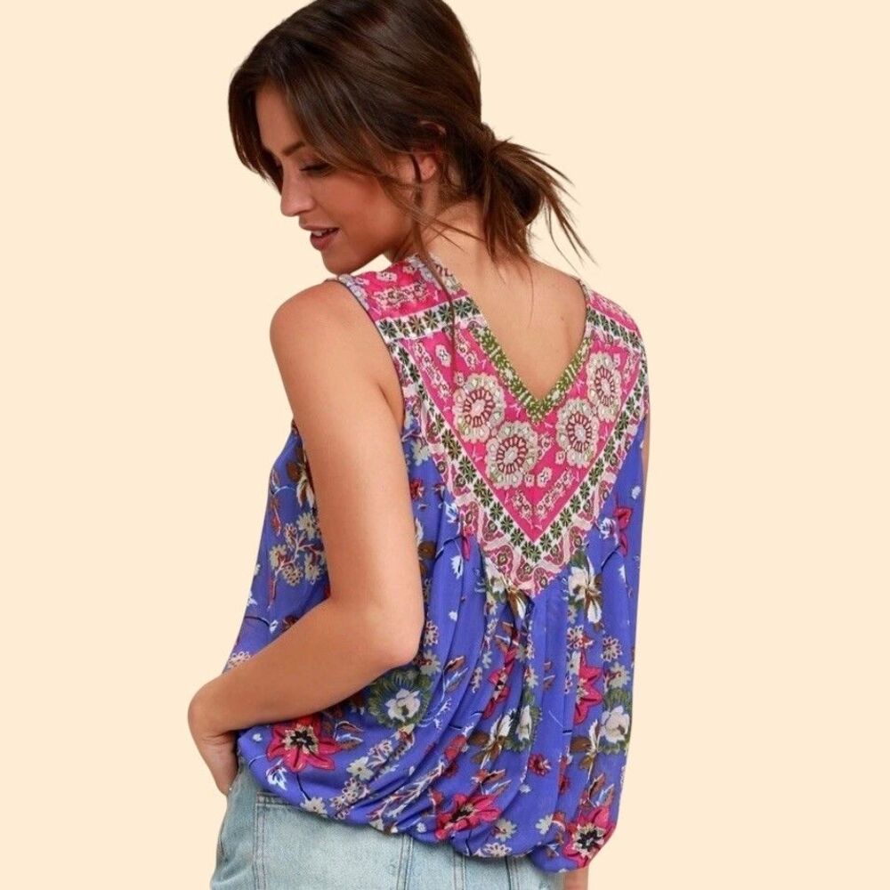 Free People Cobalt Combat MEDIUMTank Top Mesh Floral Surplice Bodice Boho Hippie - Picture 3 of 7